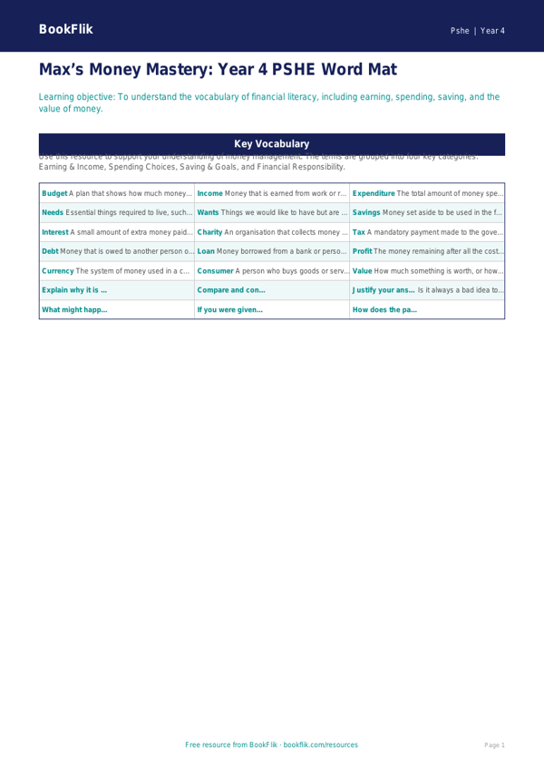 Free Money Word Mat | Year 4 | HASS / Personal Development | BookFlik worksheet preview — Pshe Money