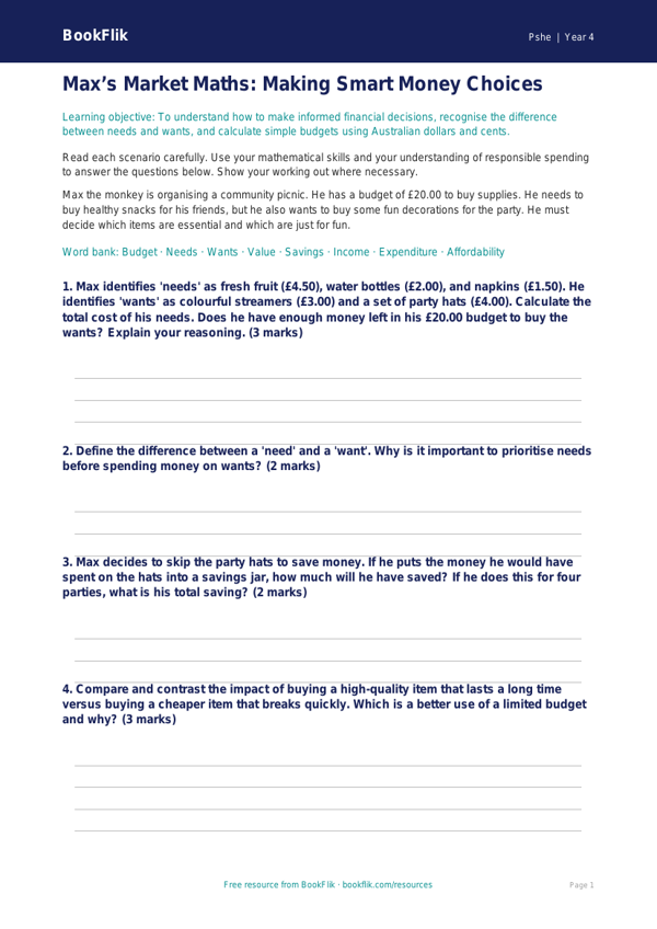 Free Money Worksheet | Year 4 | HASS / Personal Development | BookFlik worksheet preview — Pshe Money