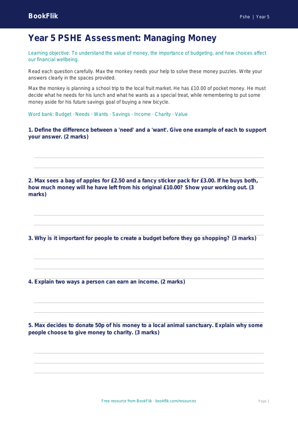 Free Money Assessment | Year 5 | HASS / Personal Development | BookFlik worksheet preview — Pshe Money