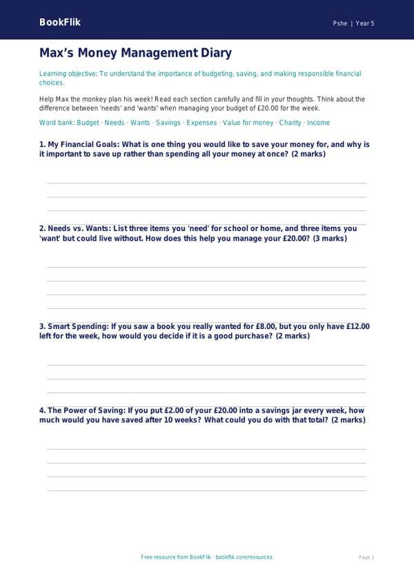 Free Money Template | Year 5 | HASS / Personal Development | BookFlik worksheet preview — Pshe Money