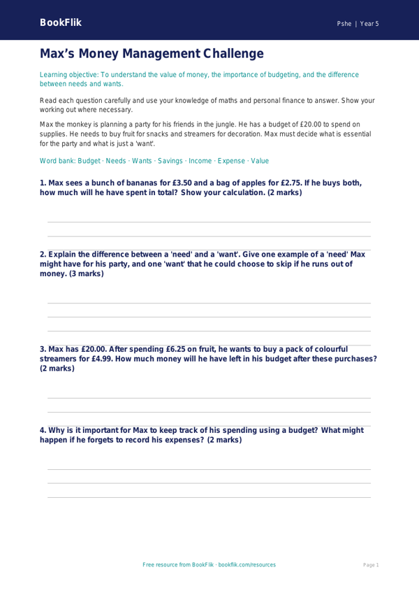 Free Money Worksheet | Year 5 | HASS / Personal Development | BookFlik worksheet preview — Pshe Money