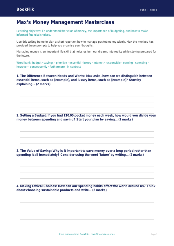 Free Money Writing Frame | Year 5 | HASS / Personal Development | BookFlik worksheet preview — Pshe Money