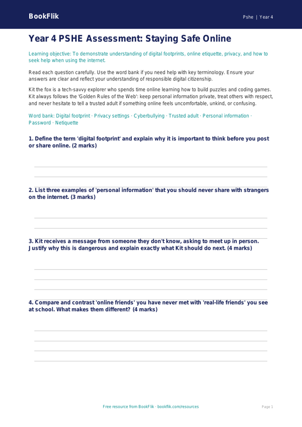 Online Safety Assessment Year 4 | HASS & Digital Literacy | BookFlik worksheet preview — Pshe Online Safety