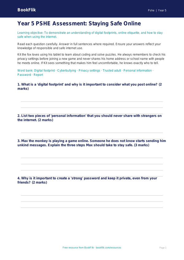Free Online Safety Assessment | Year 5 | HASS / Personal Development | BookFlik worksheet preview — Pshe Online Safety