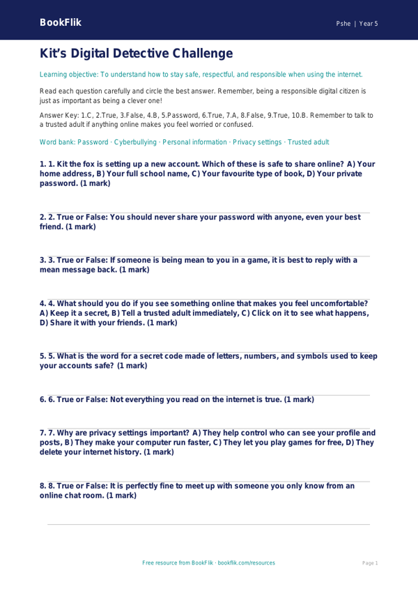 Online Safety Quiz for Year 5 Students | Australian Curriculum | BookFlik worksheet preview — Pshe Online Safety