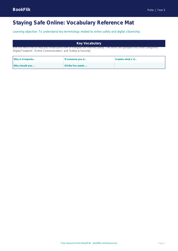 Free Online Safety Word Mat | Year 5 | HASS / Personal Development | BookFlik worksheet preview — Pshe Online Safety
