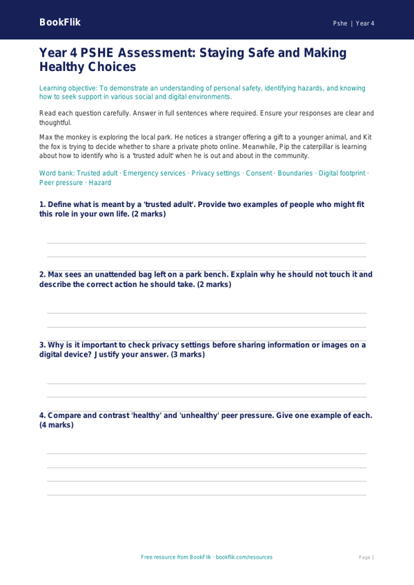Personal Safety Assessment Year 4 | HASS Resource | BookFlik worksheet preview — Pshe Personal Safety
