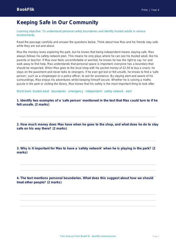 Free Personal Safety Comprehension | Year 4 | HASS / Personal Development | BookFlik worksheet preview — Pshe Personal Safety