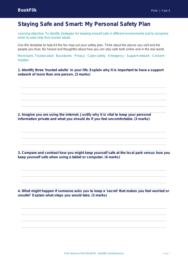 Free Personal Safety Template | Year 4 | HASS / Personal Development | BookFlik worksheet preview — Pshe Personal Safety