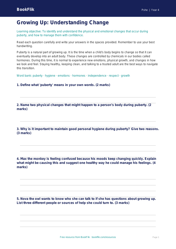 Understanding Puberty: A Free Year 4 HASS and Personal Development Resource worksheet preview — Pshe Puberty
