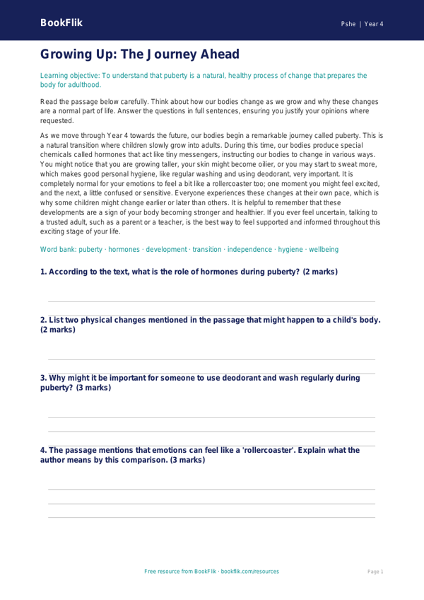 Puberty Comprehension Activity | Year 4 Health & PE | BookFlik worksheet preview — Pshe Puberty