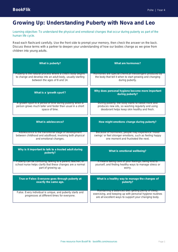 Year 4 Puberty and Growth Flashcards | Australian Curriculum | BookFlik worksheet preview — Pshe Puberty