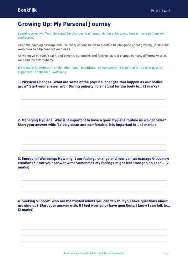 Free Puberty Writing Frame for Year 4 Students | BookFlik worksheet preview — Pshe Puberty
