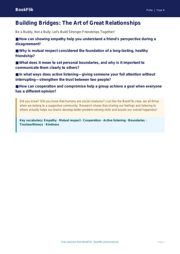 Free Relationships Poster | Year 4 | HASS / Personal Development | BookFlik worksheet preview — Pshe Relationships