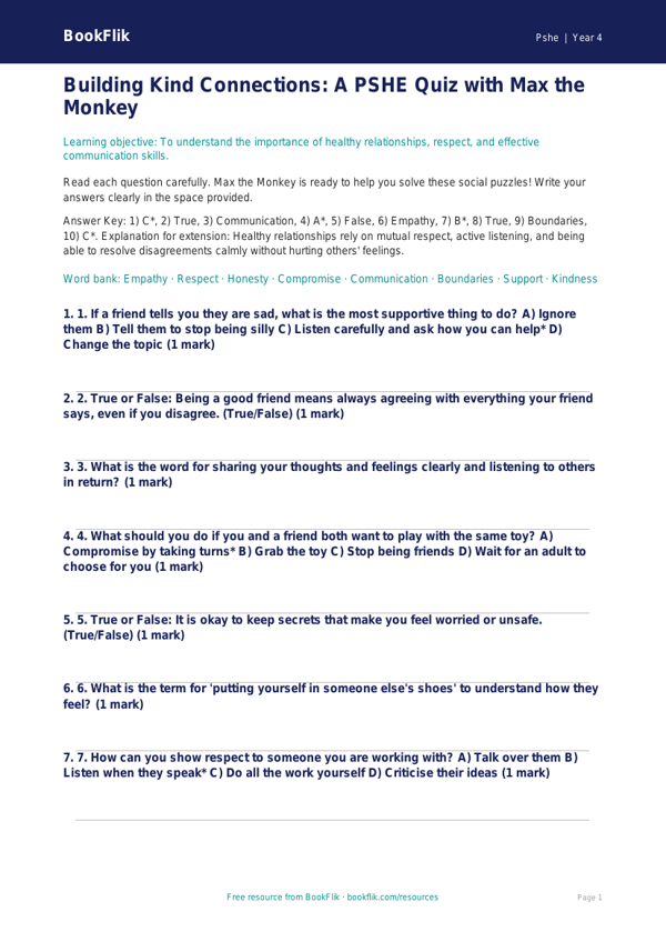 Free Relationships Quiz | Year 4 | HASS / Personal Development | BookFlik worksheet preview — Pshe Relationships