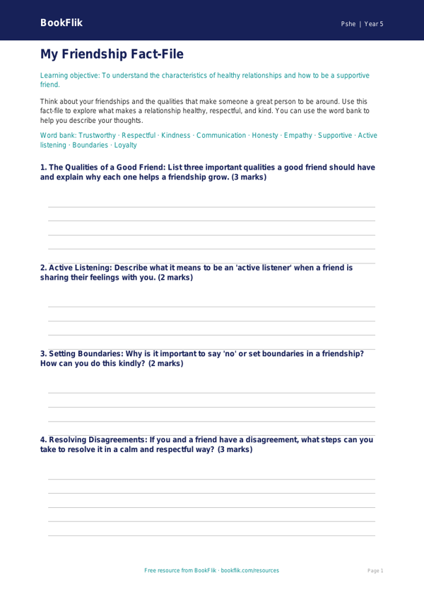 Free Relationships Template | Year 5 | HASS / Personal Development | BookFlik worksheet preview — Pshe Relationships