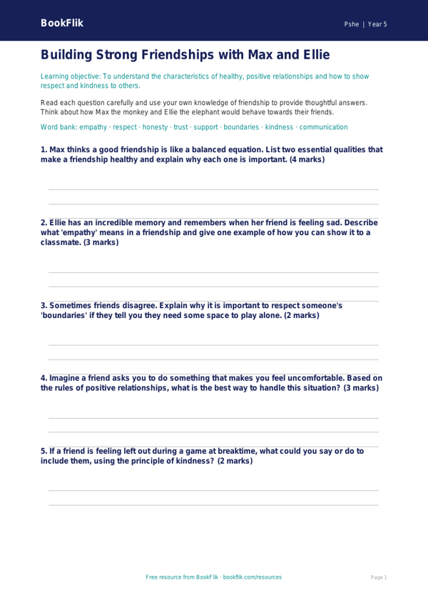 Free Relationships Worksheet | Year 5 | HASS / Personal Development | BookFlik worksheet preview — Pshe Relationships