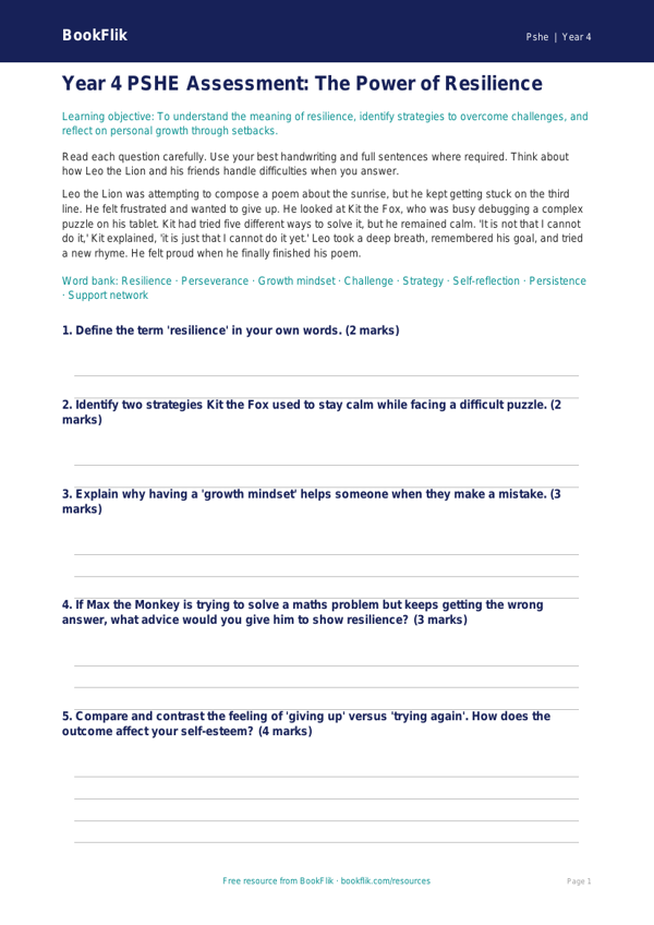 Resilience Assessment Year 4 | HASS & Personal Development | BookFlik worksheet preview — Pshe Resilience