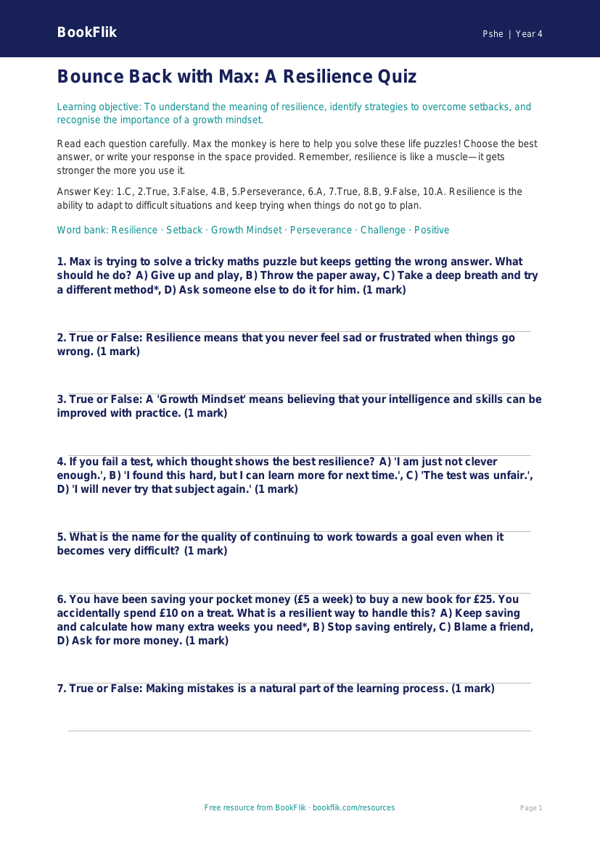 Free Resilience Quiz | Year 4 | HASS / Personal Development | BookFlik worksheet preview — Pshe Resilience