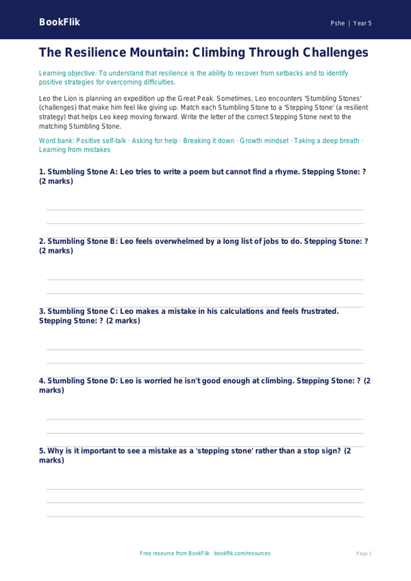 Free Resilience Activity Sheet | Year 5 | HASS / Personal Development | BookFlik worksheet preview — Pshe Resilience