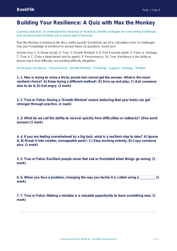 Free Resilience Quiz | Year 5 | HASS / Personal Development | BookFlik worksheet preview — Pshe Resilience