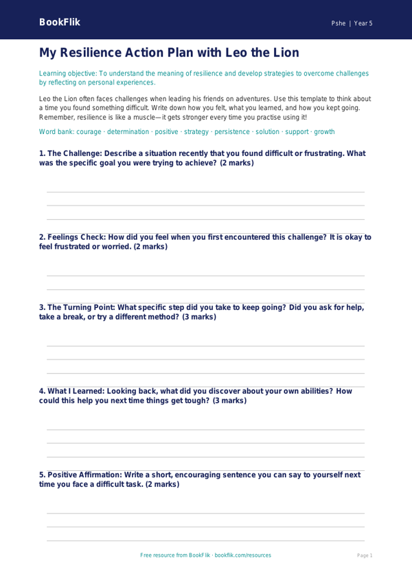 Free Resilience Template | Year 5 | HASS / Personal Development | BookFlik worksheet preview — Pshe Resilience
