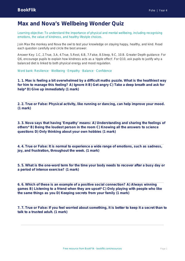 Wellbeing Quiz Year 4 Free | HASS & Personal Development | BookFlik worksheet preview — Pshe Wellbeing