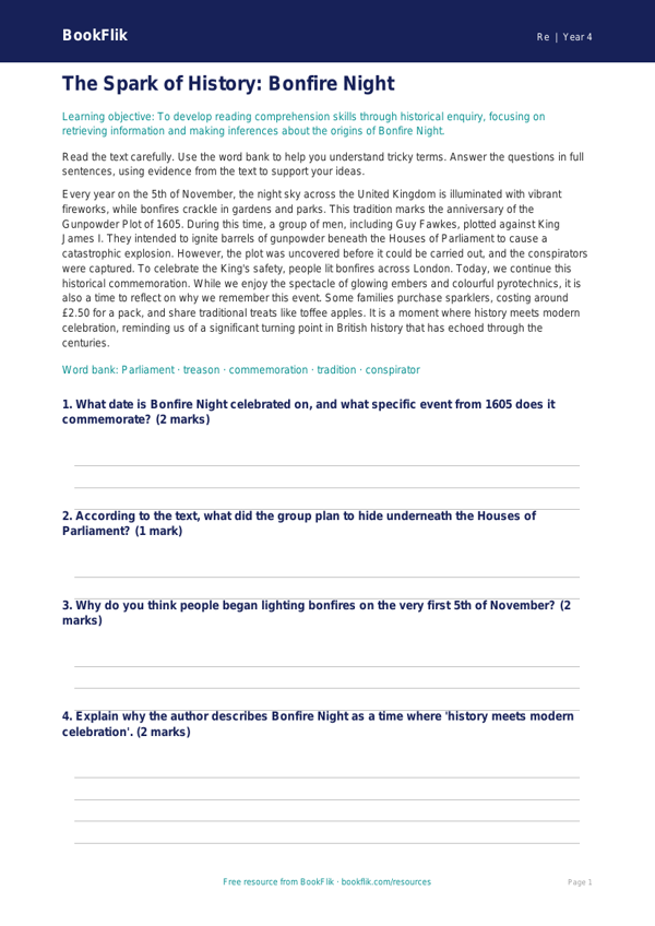 Bonfire Night Comprehension | Year 4 Religious Education | BookFlik worksheet preview — Re Bonfire Night