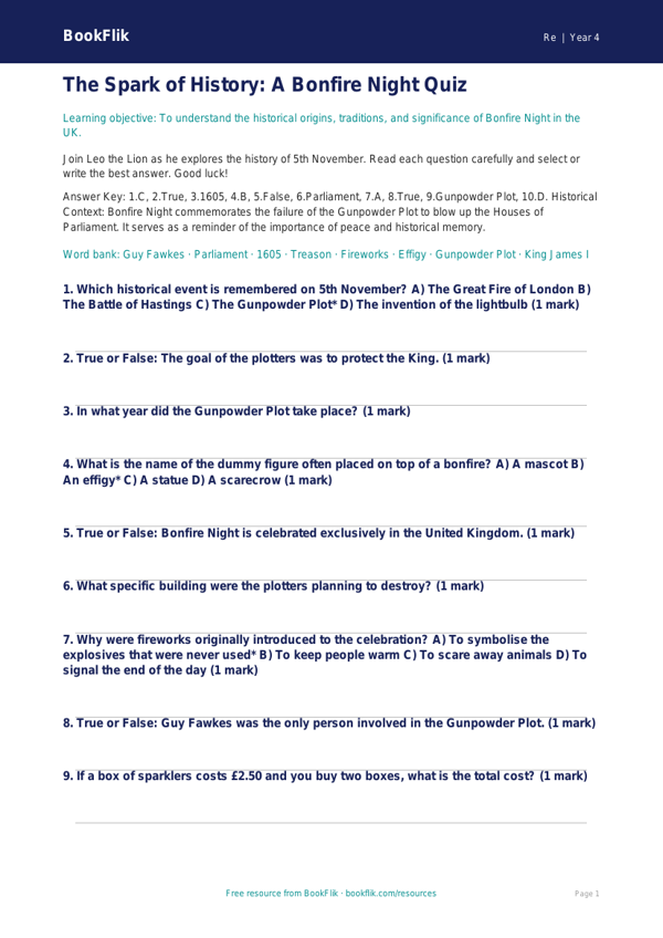 Bonfire Night Quiz for Year 4 | Religious Education Resources | BookFlik worksheet preview — Re Bonfire Night
