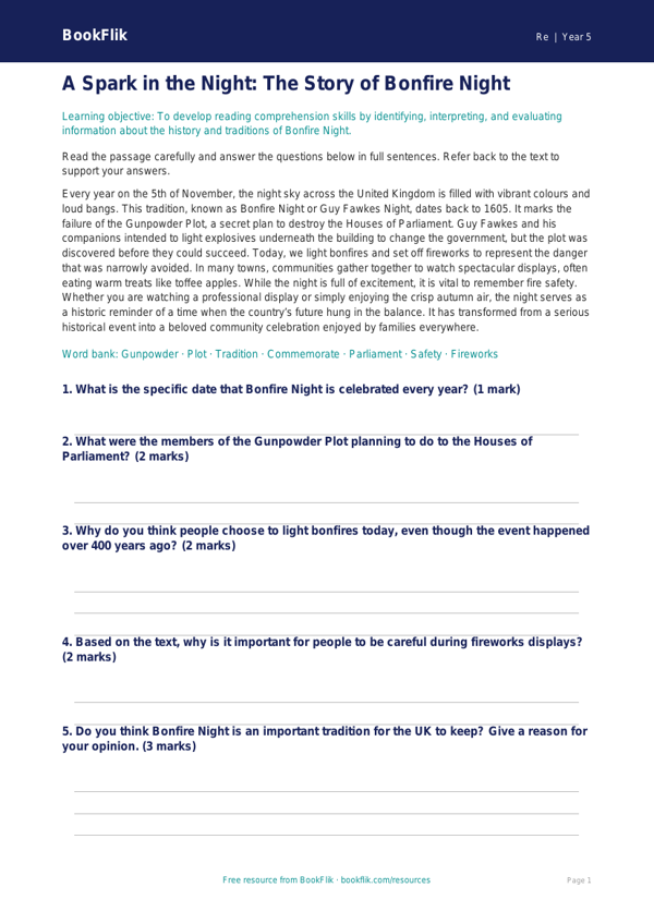 Bonfire Night Comprehension | Year 5 Religious Education | BookFlik worksheet preview — Re Bonfire Night