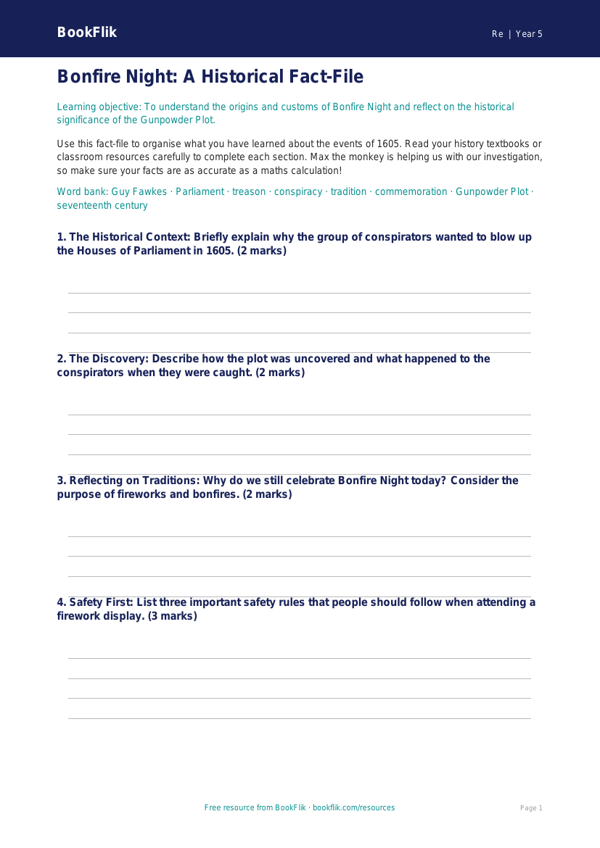 Bonfire Night History & Traditions | Year 5 RE Resource | BookFlik worksheet preview — Re Bonfire Night