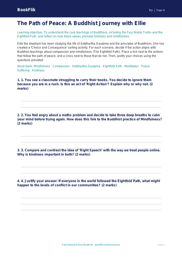 Free Buddhism Activity Sheet | Year 4 | Religious Education | BookFlik worksheet preview — Re Buddhism