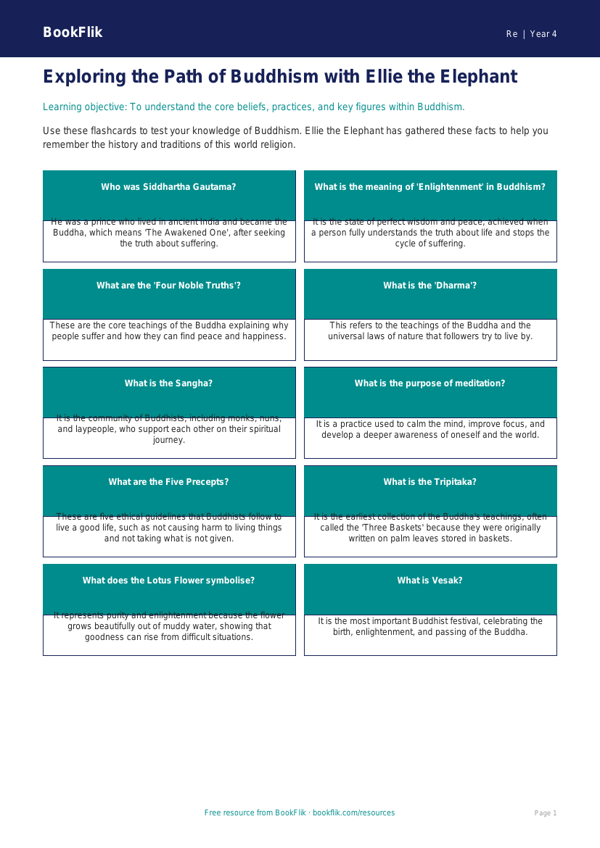 Buddhism Flashcards for Year 4 | Australian Curriculum | BookFlik worksheet preview — Re Buddhism