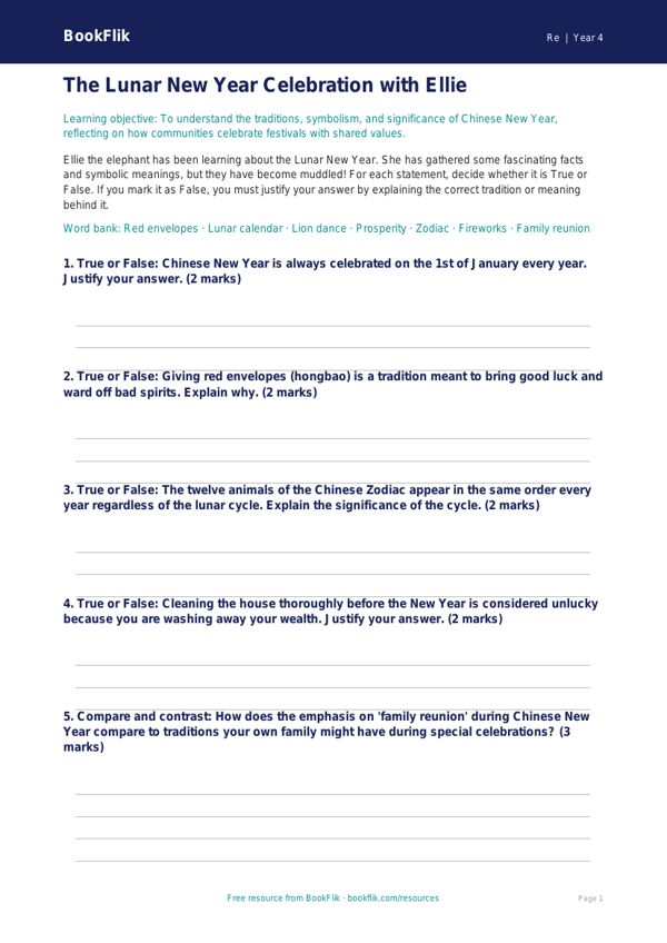Free Chinese New Year Activity Sheet | Year 4 | Religious Education | BookFlik worksheet preview — Re Chinese New Year