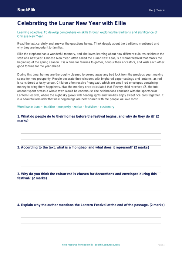 Free Chinese New Year Comprehension | Year 4 | Religious Education | BookFlik worksheet preview — Re Chinese New Year