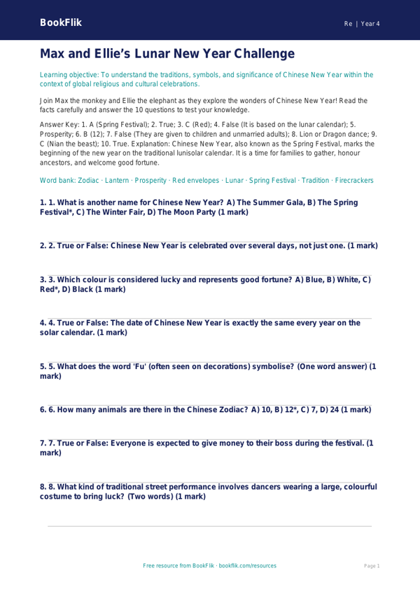 Chinese New Year Quiz | Year 4 | Religious Education | BookFlik worksheet preview — Re Chinese New Year