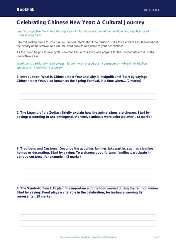 Chinese New Year Writing Frame | Year 4 Religious Education | BookFlik worksheet preview — Re Chinese New Year