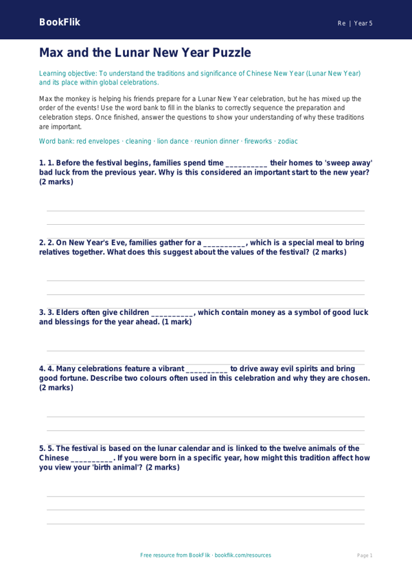 Free Chinese New Year Activity Sheet | Year 5 | Religious Education | BookFlik worksheet preview — Re Chinese New Year
