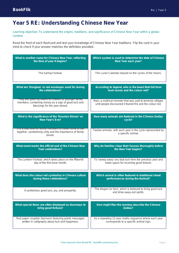 Chinese New Year Flashcards for Year 5 | Australian Curriculum | BookFlik worksheet preview — Re Chinese New Year