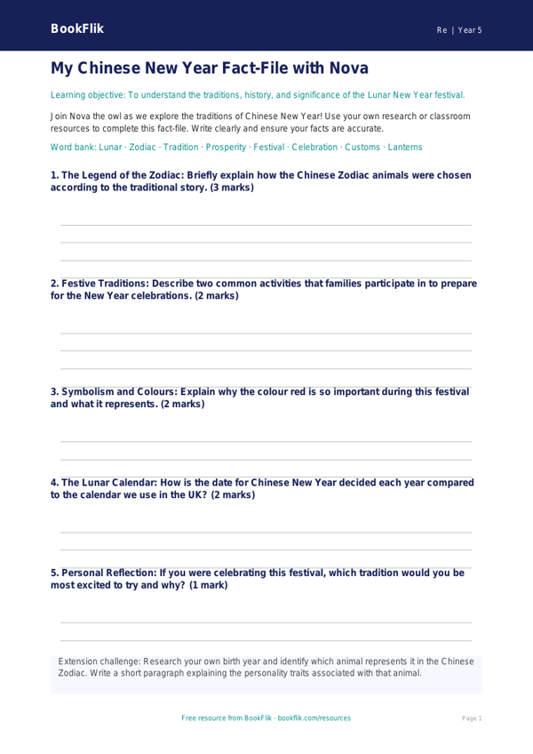 Free Chinese New Year Template | Year 5 | Religious Education | BookFlik worksheet preview — Re Chinese New Year