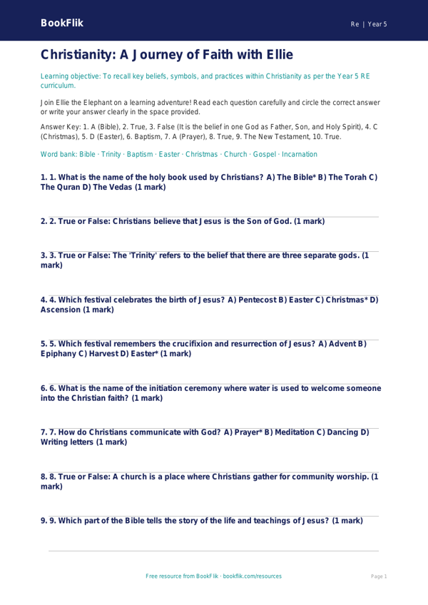 Christianity Quiz for Year 5 | Australian Curriculum Religious Education worksheet preview — Re Christianity