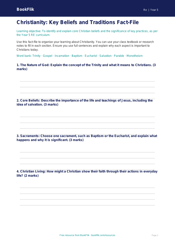 Christianity Lesson Template | Year 5 Religious Education | BookFlik worksheet preview — Re Christianity