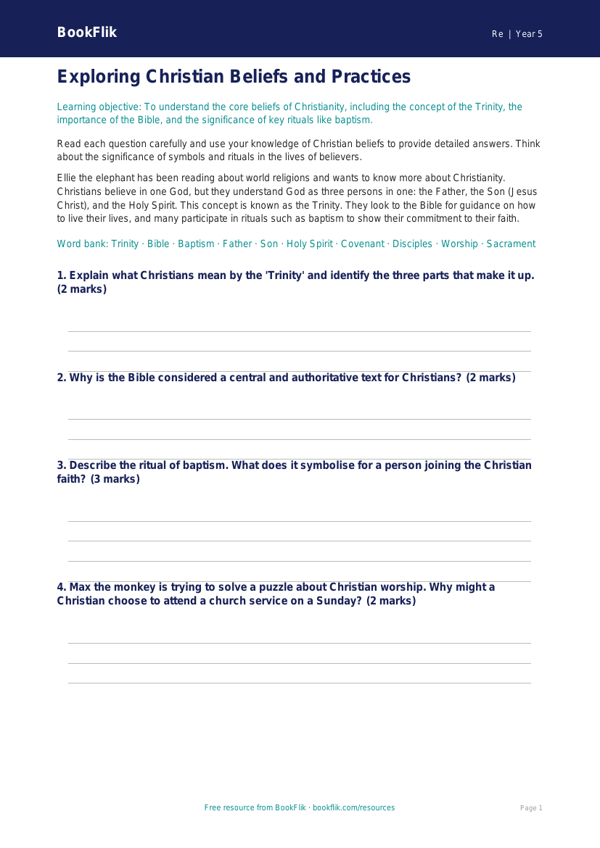 Free Christianity Worksheet | Year 5 | Religious Education | BookFlik worksheet preview — Re Christianity
