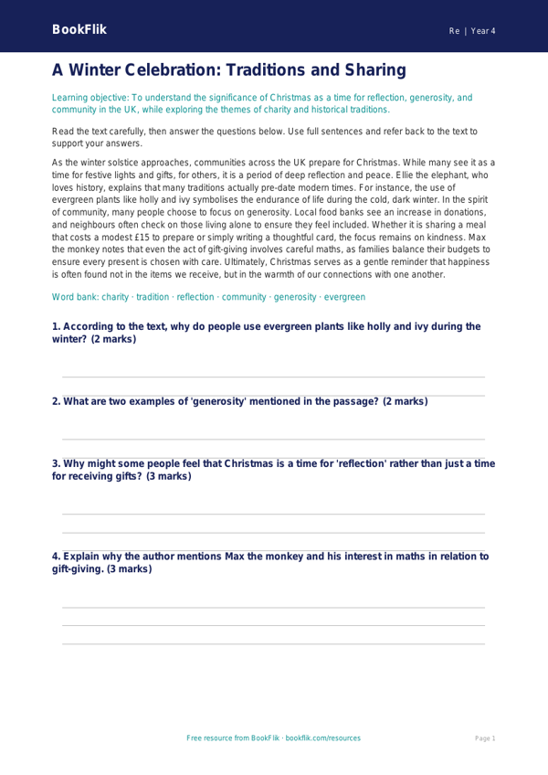Free Christmas Comprehension | Year 4 | Religious Education | BookFlik worksheet preview — Re Christmas
