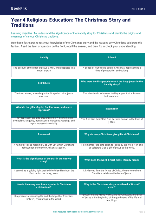 Free Christmas Flashcards | Year 4 | Religious Education | BookFlik worksheet preview — Re Christmas
