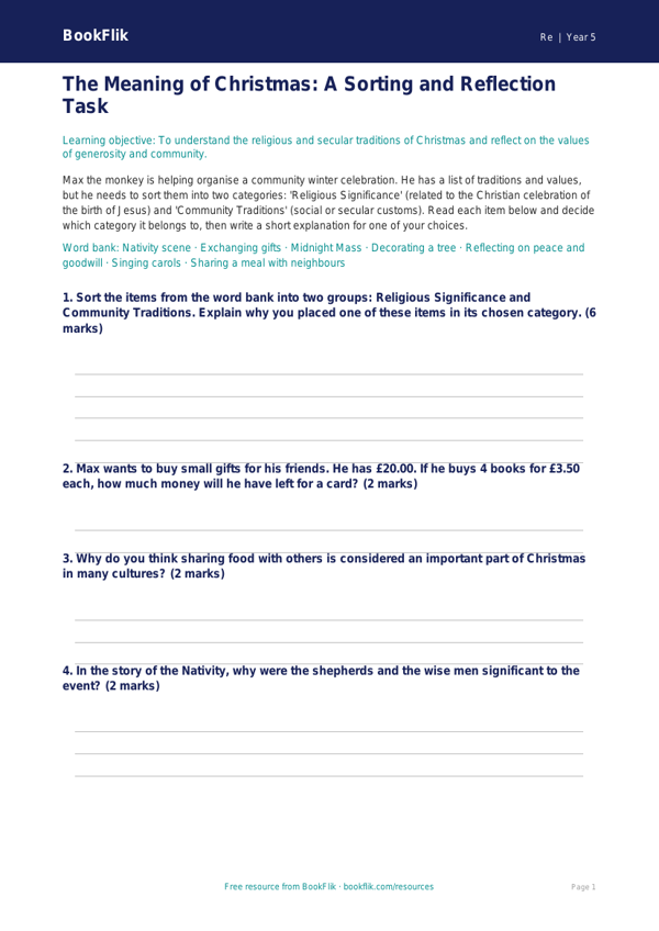 Christmas Activity Sheet Year 5 | Religious Education | BookFlik worksheet preview — Re Christmas