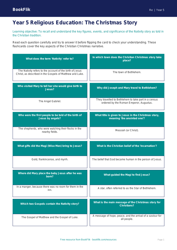 Free Christmas Flashcards | Year 5 | Religious Education | BookFlik worksheet preview — Re Christmas