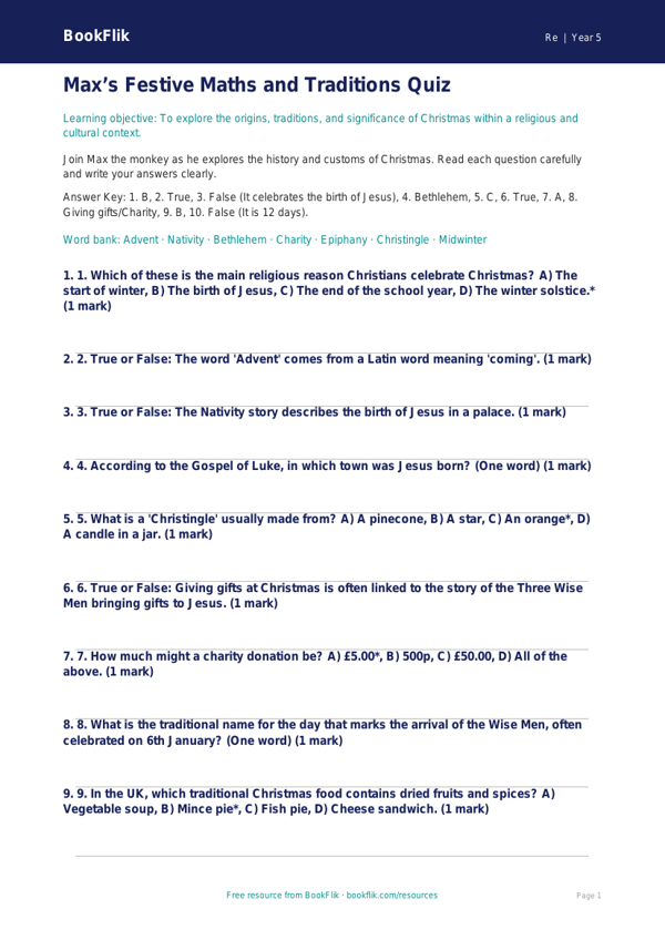 Free Christmas Quiz | Year 5 | Religious Education | BookFlik worksheet preview — Re Christmas
