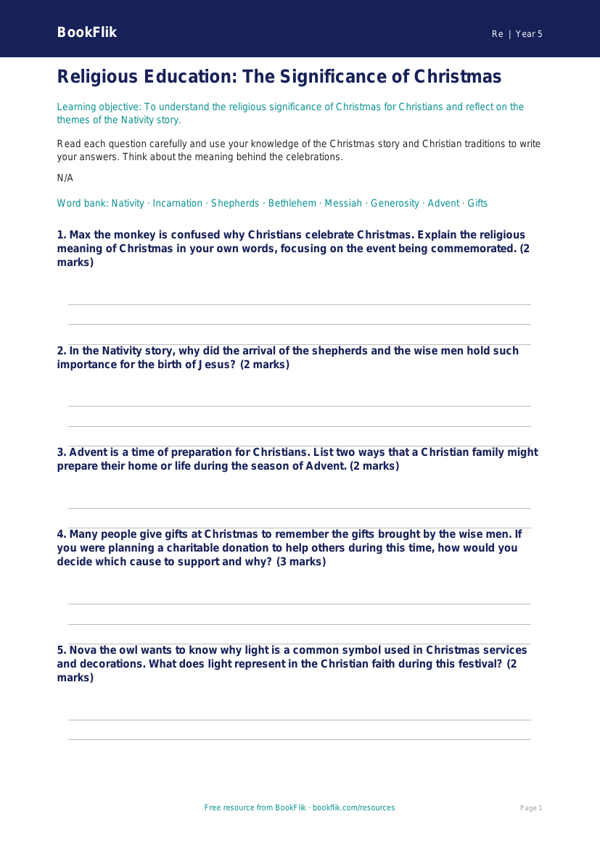 Free Christmas Worksheet | Year 5 | Religious Education | BookFlik worksheet preview — Re Christmas