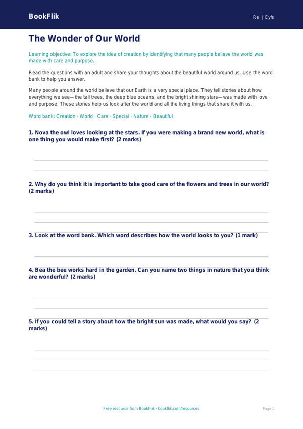 Free Creation Stories Worksheet | Foundation | Religious Education | BookFlik worksheet preview — Re Creation Stories